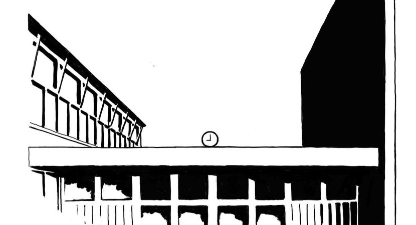 Tegning der viser skolens indgangsparti