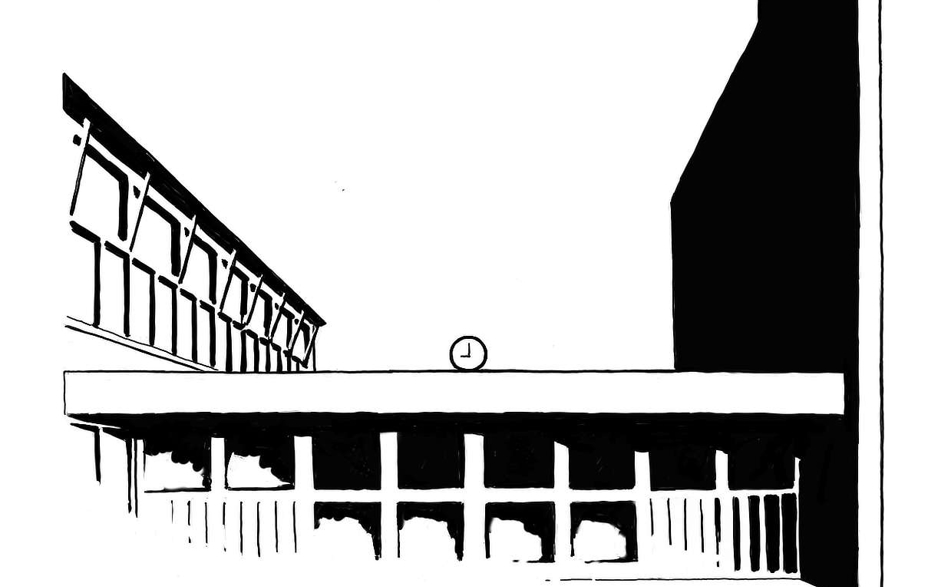 Tegning der viser skolens indgangsparti